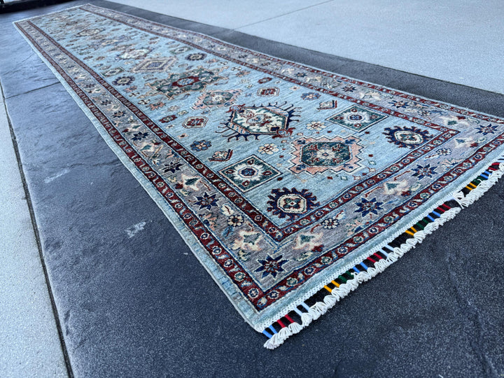 3x15 Handmade Afghan Wool Runner Rug | Light Blue Geometric Runner | Traditional Kazak Hallway Rug