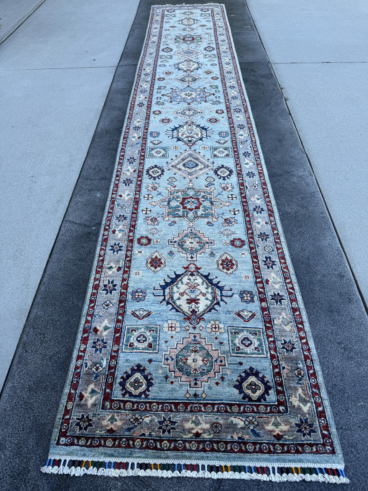 3x15 Handmade Afghan Wool Runner Rug | Light Blue Geometric Runner | Traditional Kazak Hallway Rug