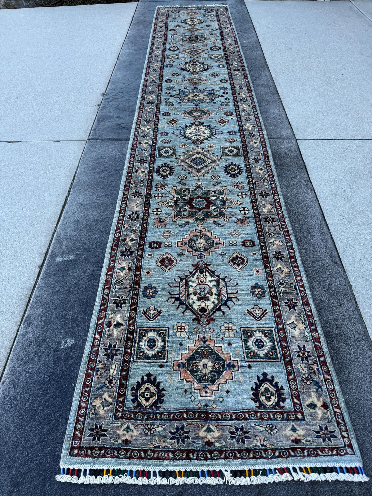 3x15 Handmade Afghan Wool Runner Rug | Light Blue Geometric Runner | Traditional Kazak Hallway Rug