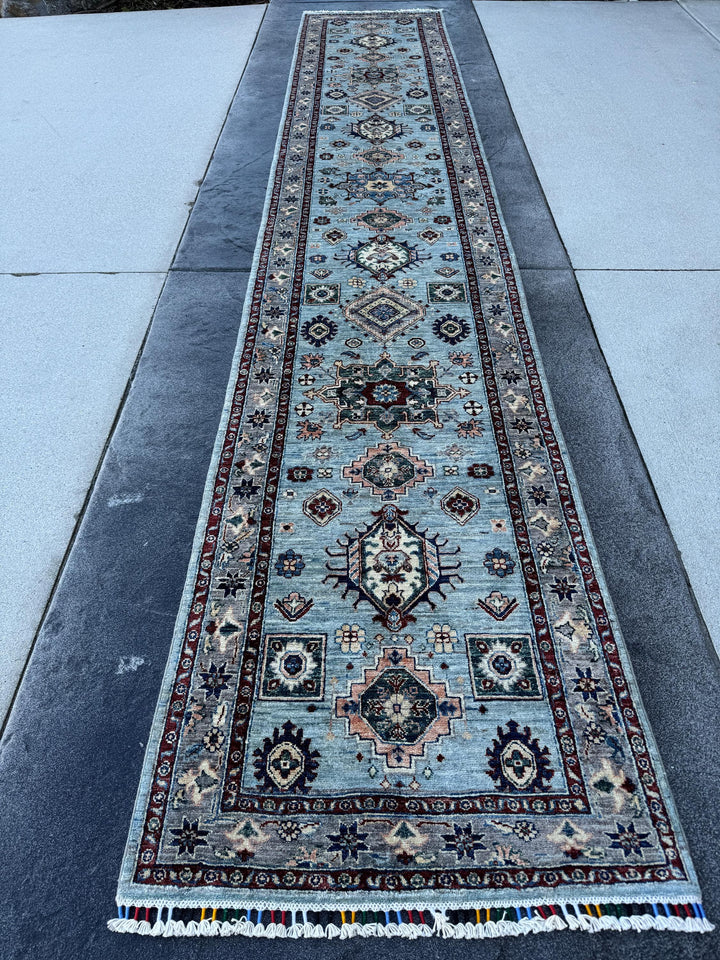 3x15 Handmade Afghan Wool Runner Rug | Light Blue Geometric Runner | Traditional Kazak Hallway Rug