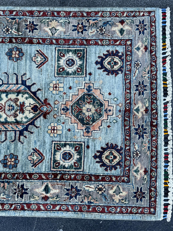 3x15 Handmade Afghan Wool Runner Rug | Light Blue Geometric Runner | Traditional Kazak Hallway Rug