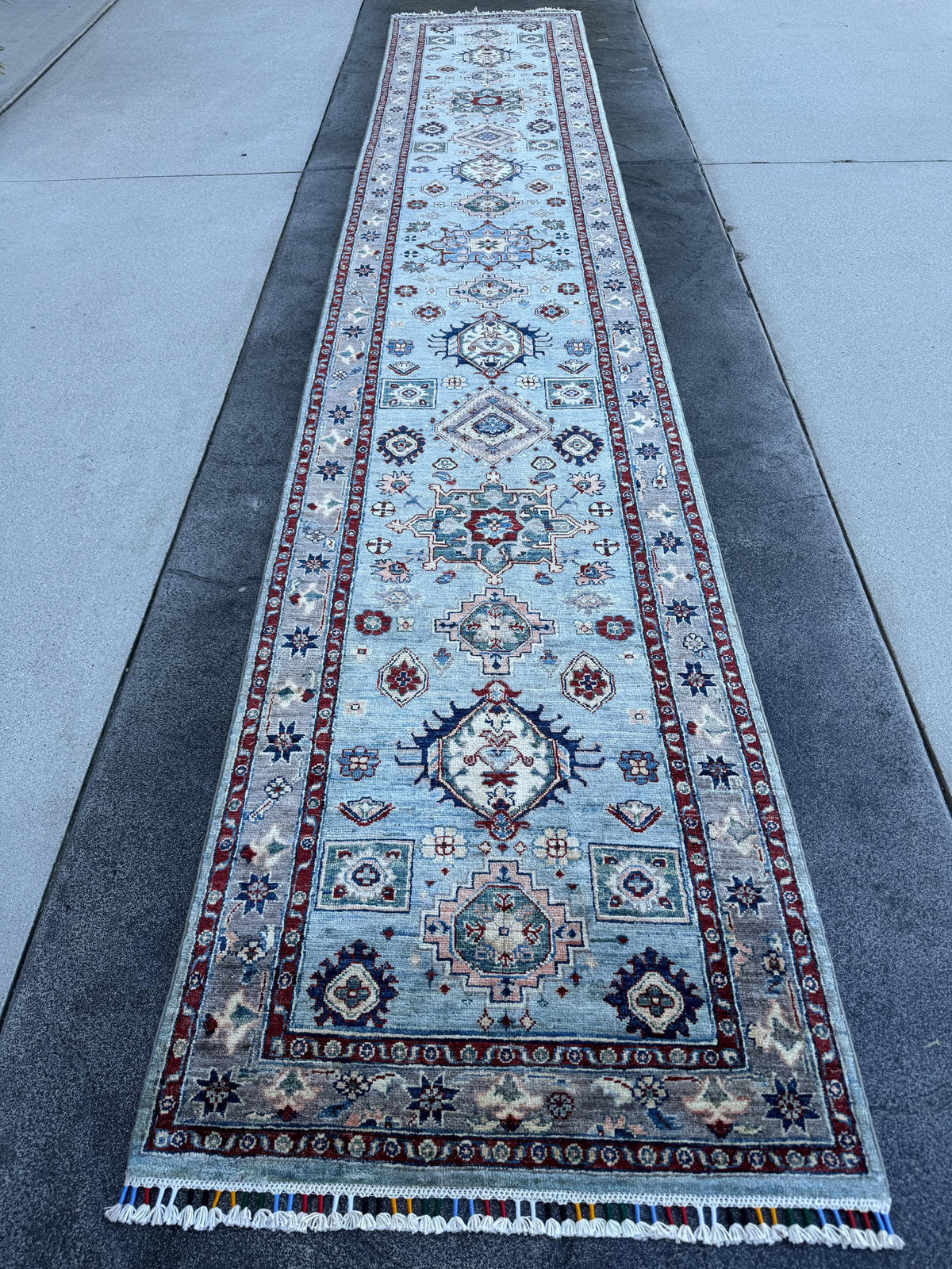 3x15 Handmade Afghan Wool Runner Rug | Light Blue Geometric Runner | Traditional Kazak Hallway Rug