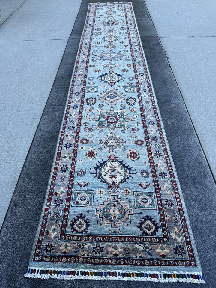 3x15 Handmade Afghan Wool Runner Rug | Light Blue Geometric Runner | Traditional Kazak Hallway Rug
