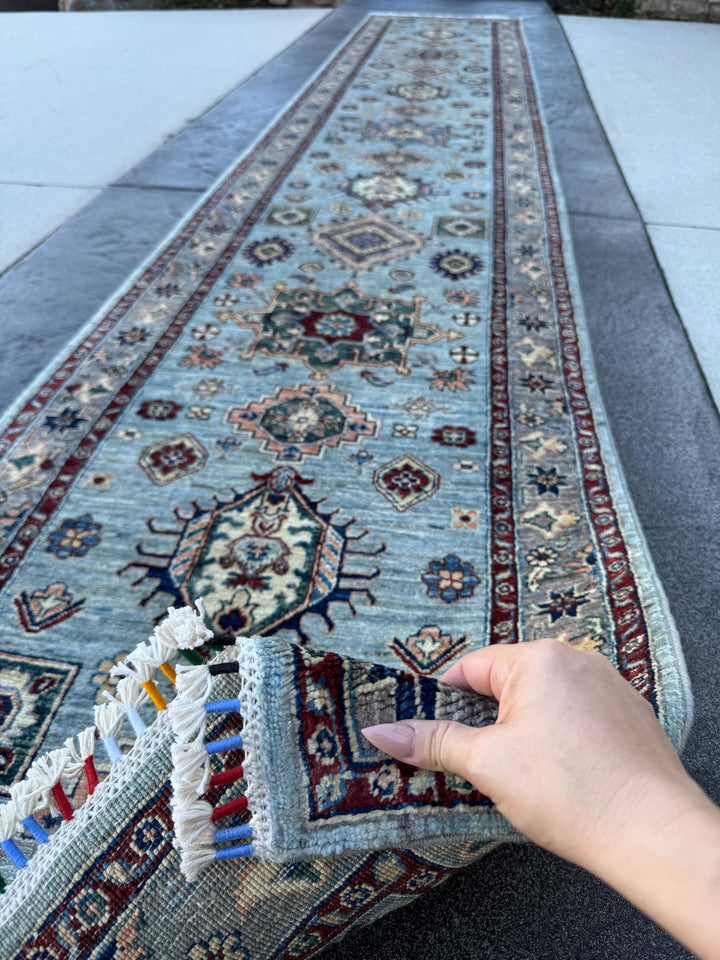 3x15 Handmade Afghan Wool Runner Rug | Light Blue Geometric Runner | Traditional Kazak Hallway Rug