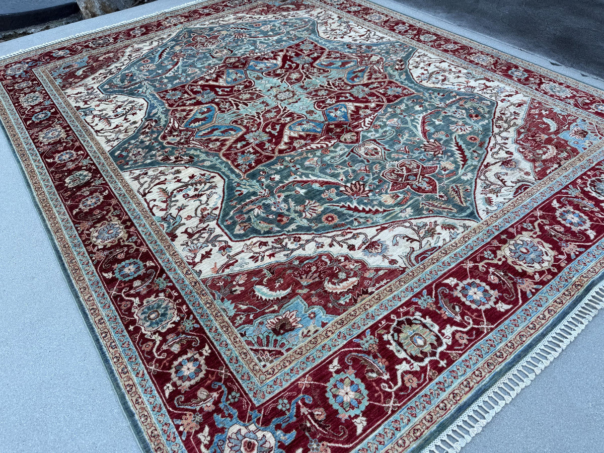 8x10 Handmade Afghan Wool Rug | Burgundy & Blue Floral Medallion Rug | Traditional Area Rug