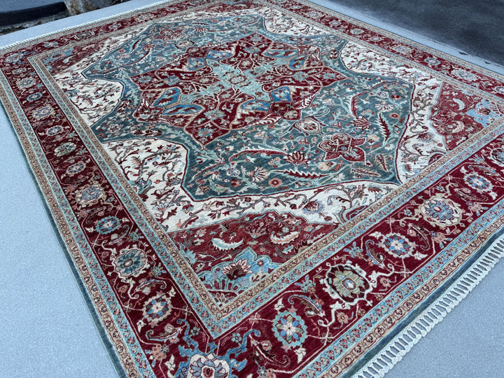 8x10 Handmade Afghan Wool Rug | Burgundy & Blue Floral Medallion Rug | Traditional Area Rug