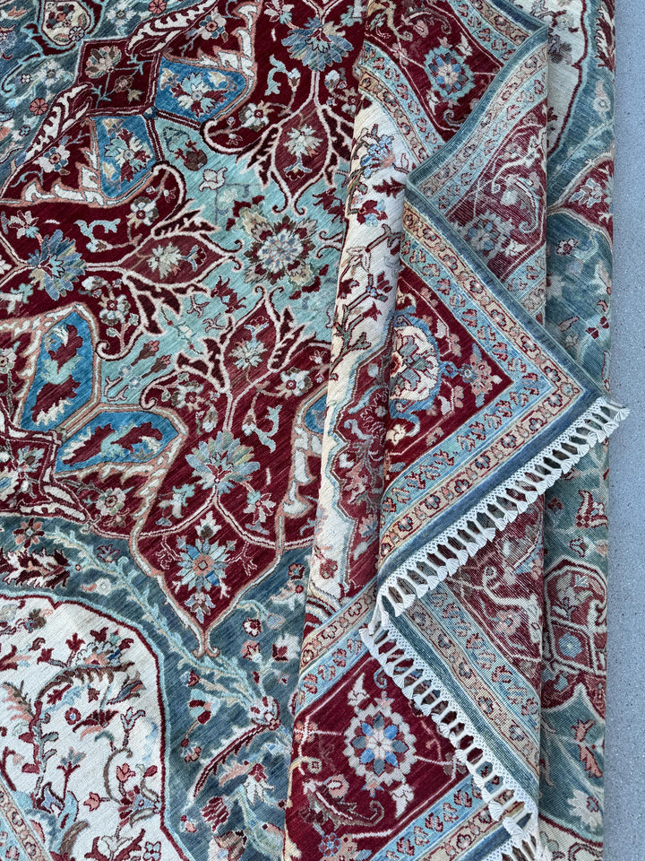 8x10 Handmade Afghan Wool Rug | Burgundy & Blue Floral Medallion Rug | Traditional Area Rug