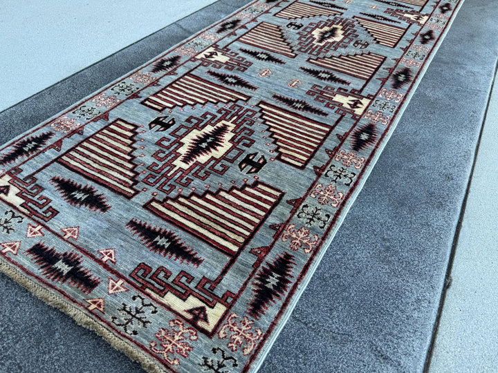 3x10 Handmade Afghan Wool Runner Rug | Grey Tribal Geometric Runner | Southwestern Hallway Rug