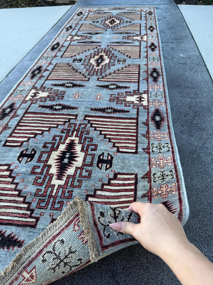 3x10 Handmade Afghan Wool Runner Rug | Grey Tribal Geometric Runner | Southwestern Hallway Rug