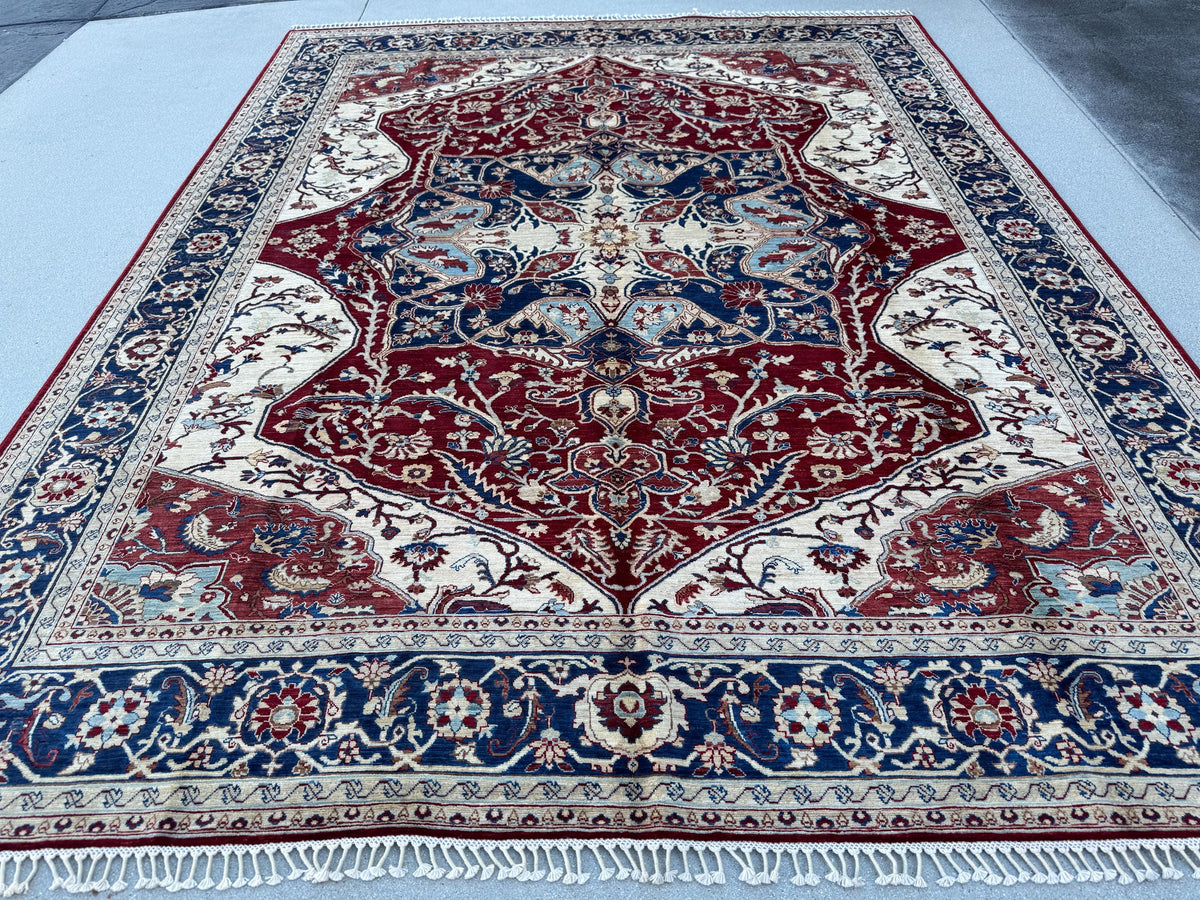 8x10 Handmade Afghan Wool Rug | Red & Navy Floral Medallion Rug | Traditional Oriental Area Rug