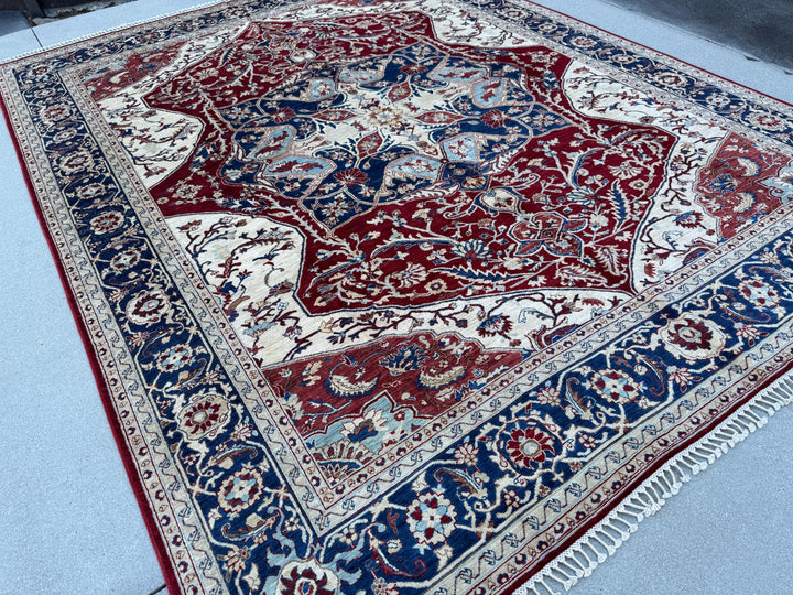 8x10 Handmade Afghan Wool Rug | Red & Navy Floral Medallion Rug | Traditional Oriental Area Rug