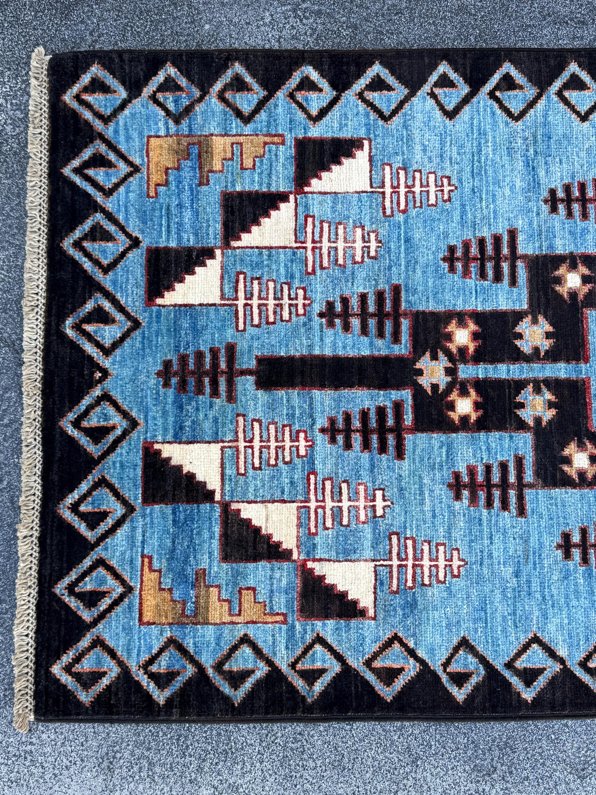 3x10 Handmade Afghan Wool Runner Rug | Blue Tribal Geometric Runner | Hand-Knotted Hallway Rug