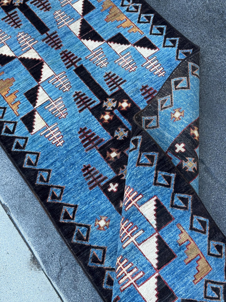 3x10 Handmade Afghan Wool Runner Rug | Blue Tribal Geometric Runner | Hand-Knotted Hallway Rug