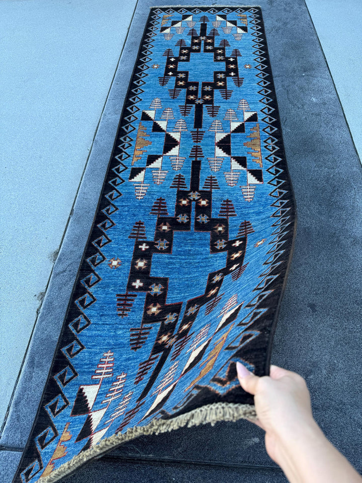 3x10 Handmade Afghan Wool Runner Rug | Blue Tribal Geometric Runner | Hand-Knotted Hallway Rug
