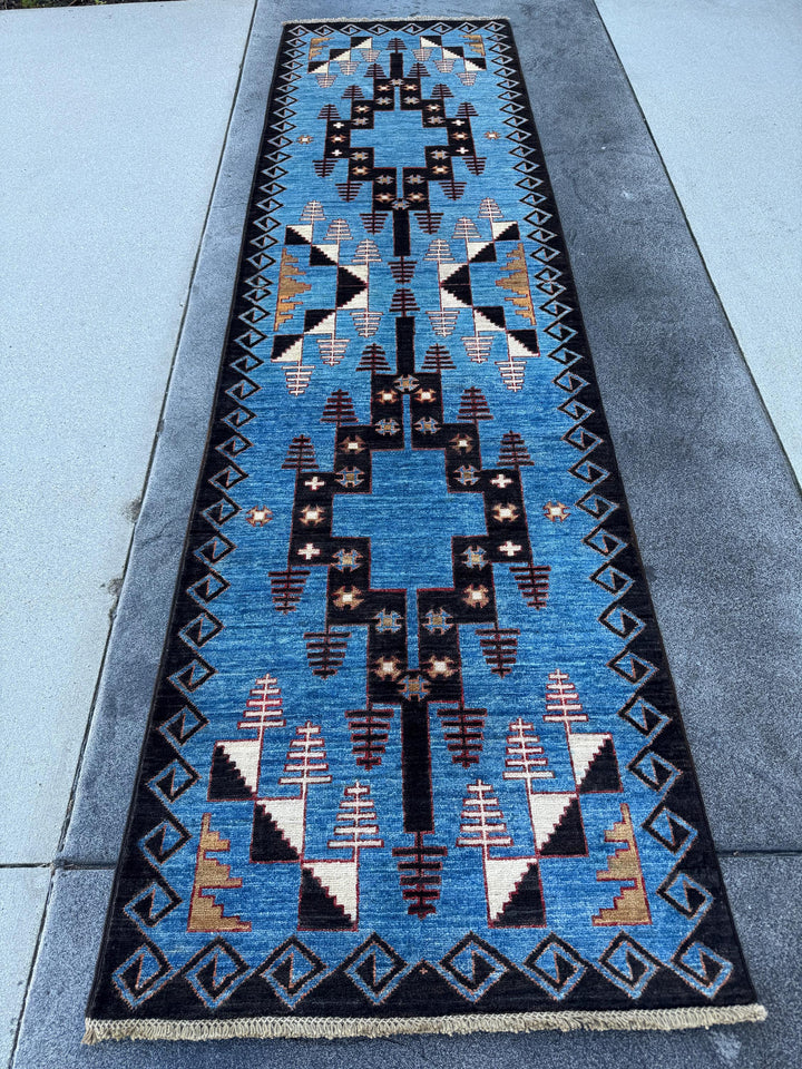 3x10 Handmade Afghan Wool Runner Rug | Blue Tribal Geometric Runner | Hand-Knotted Hallway Rug