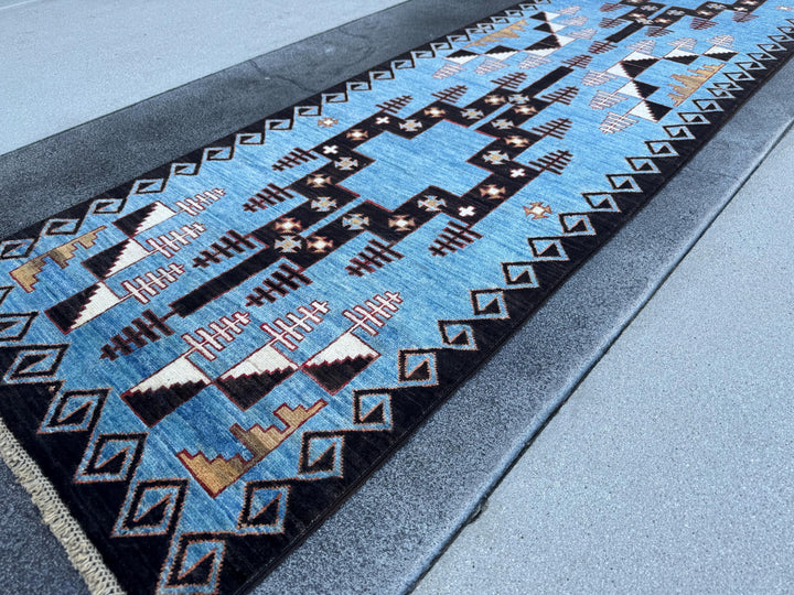 3x10 Handmade Afghan Wool Runner Rug | Blue Tribal Geometric Runner | Hand-Knotted Hallway Rug