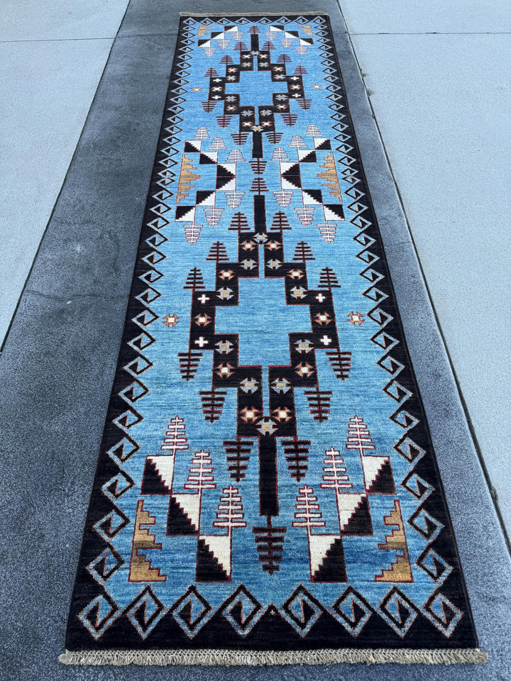 3x10 Handmade Afghan Wool Runner Rug | Blue Tribal Geometric Runner | Hand-Knotted Hallway Rug