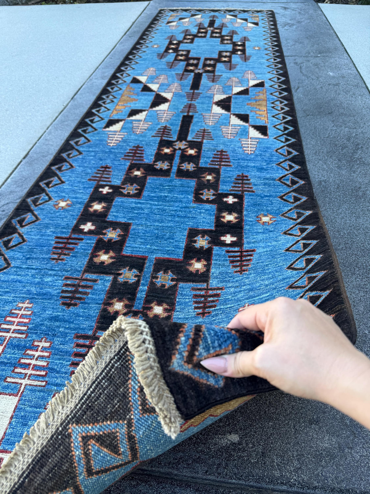 3x10 Handmade Afghan Wool Runner Rug | Blue Tribal Geometric Runner | Hand-Knotted Hallway Rug