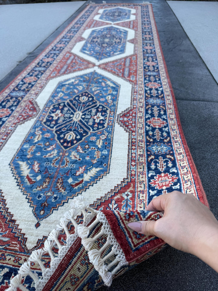 3x10 Handmade Afghan Wool Runner | Navy Blue Ivory & Brick Red Tribal Geometric Hallway Rug