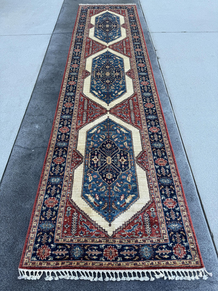 3x12 Handmade Afghan Wool Runner | Navy Blue Ivory & Brick Red Tribal Medallion Hallway Rug