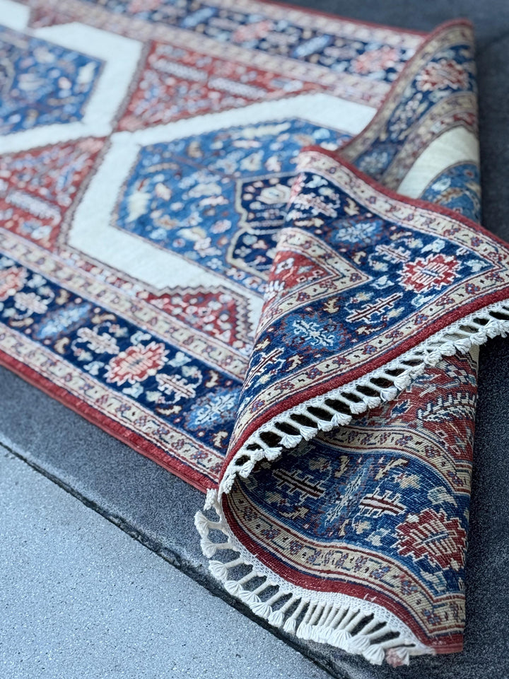 3x12 Handmade Afghan Wool Runner | Navy Blue Ivory & Red Geometric Tribal Hallway Rug