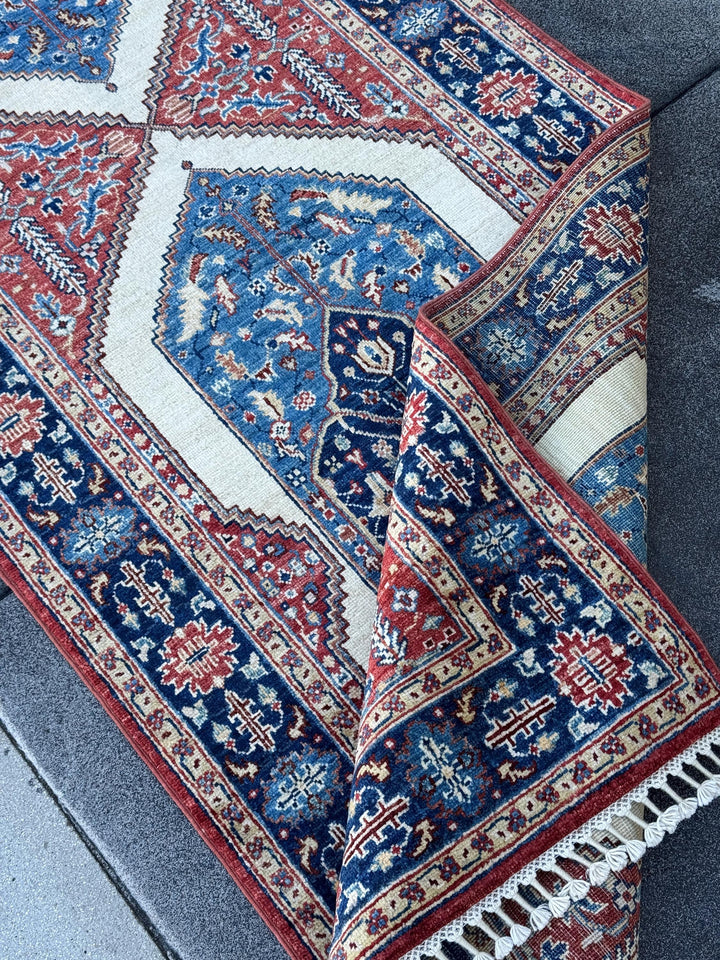 3x12 Handmade Afghan Wool Runner | Navy Blue Ivory & Red Geometric Tribal Hallway Rug