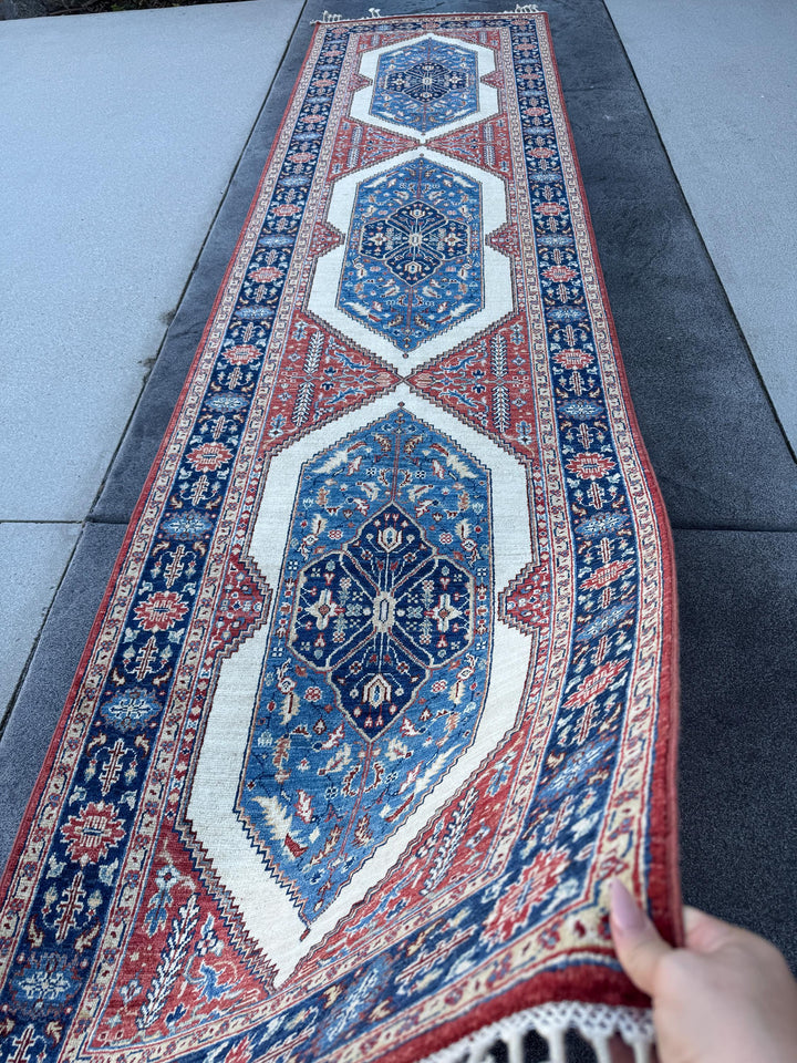 3x12 Handmade Afghan Wool Runner | Navy Blue Ivory & Red Geometric Tribal Hallway Rug
