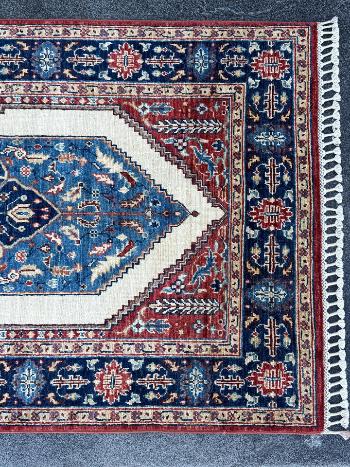 3x12 Handmade Afghan Wool Runner | Navy Blue Ivory & Red Geometric Tribal Hallway Rug