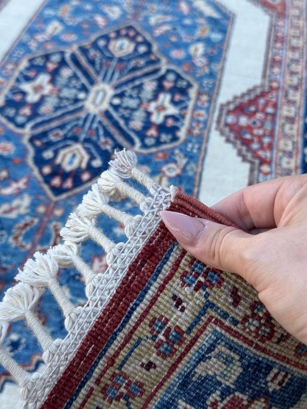 3x12 Handmade Afghan Wool Runner | Navy Blue Red & Ivory Geometric Medallion Corridor Rug