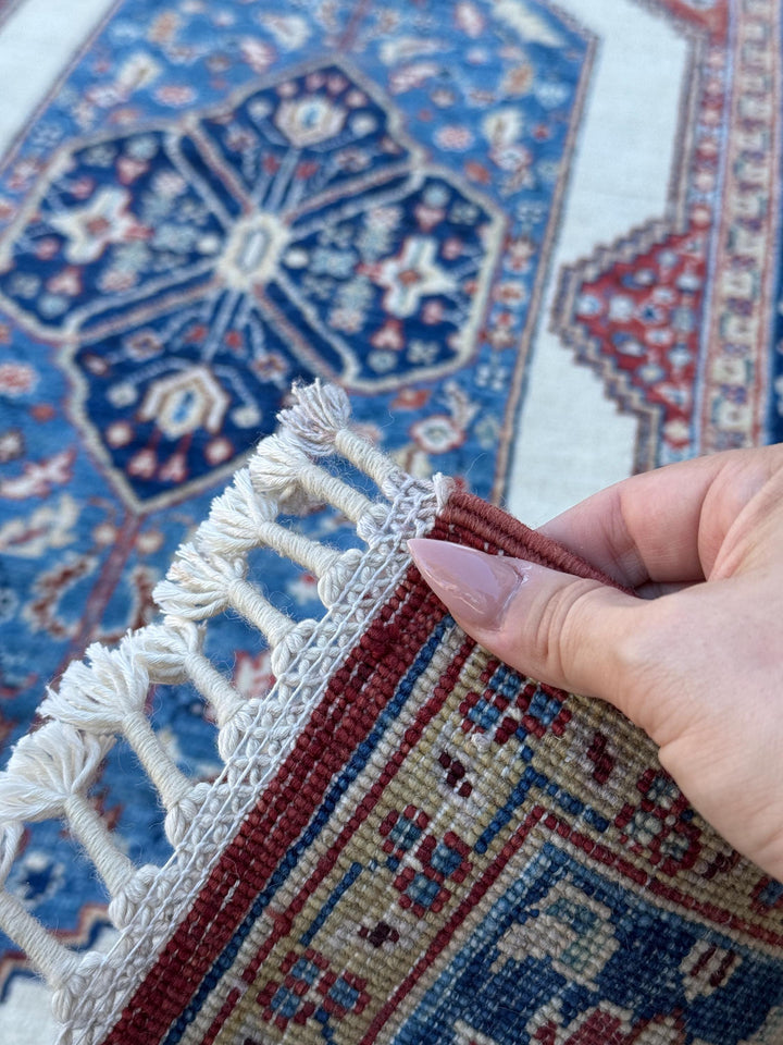 3x12 Handmade Afghan Wool Runner | Navy Blue Red & Ivory Geometric Medallion Corridor Rug