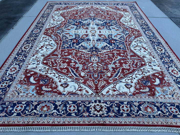 9x13 Handmade Afghan Wool Rug | Red Ivory & Navy Blue Traditional Floral Medallion Area Rug