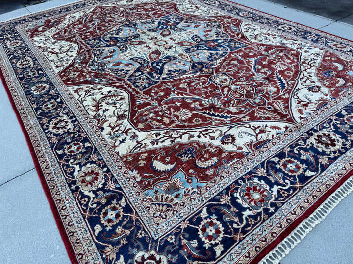 9x13 Handmade Afghan Wool Rug | Red Ivory & Navy Blue Traditional Floral Medallion Area Rug