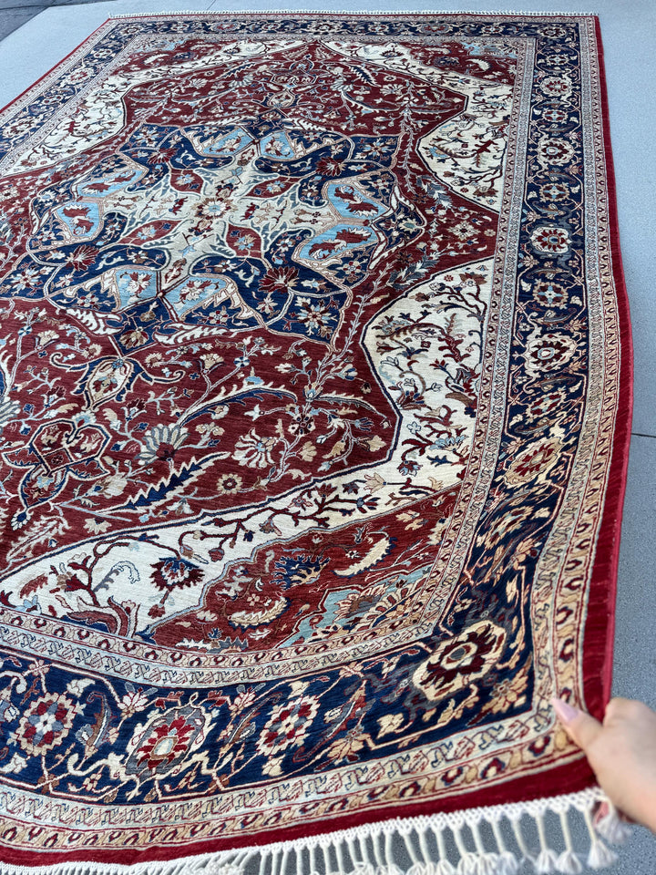 9x13 Handmade Afghan Wool Rug | Red Ivory & Navy Blue Traditional Floral Medallion Area Rug