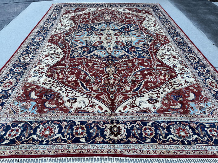 9x13 Handmade Afghan Wool Rug | Red Ivory & Navy Blue Traditional Floral Medallion Area Rug