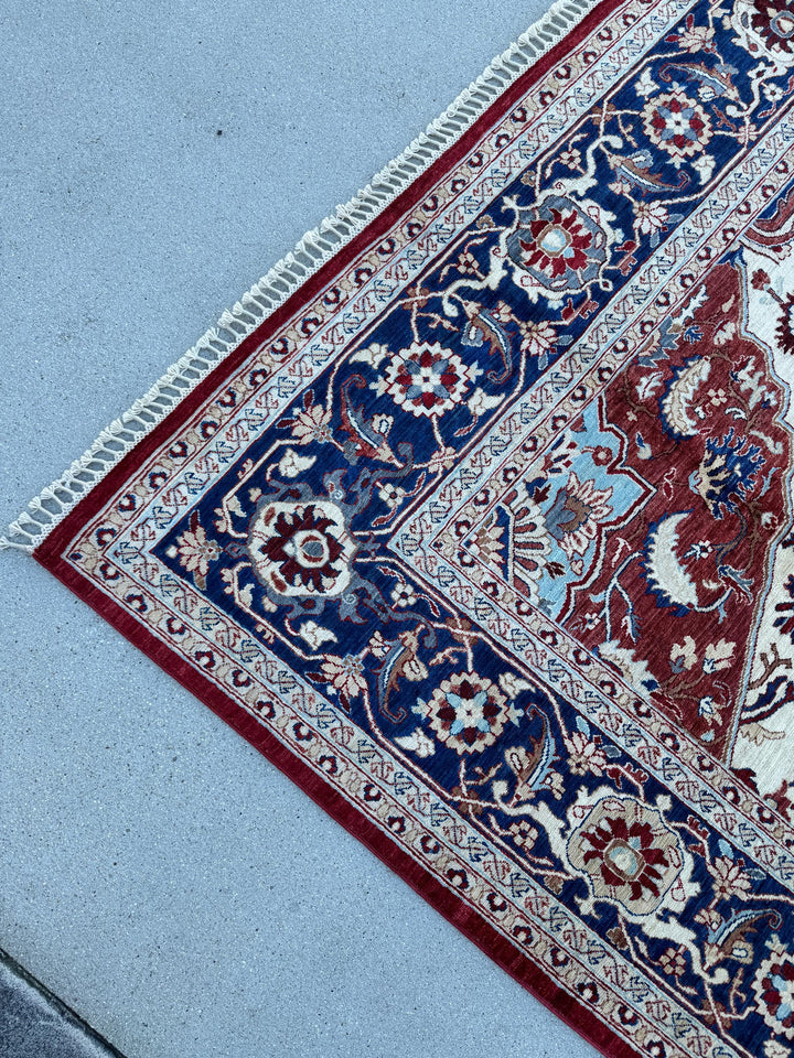 9x13 Handmade Afghan Wool Rug | Red Ivory & Navy Blue Traditional Floral Medallion Area Rug