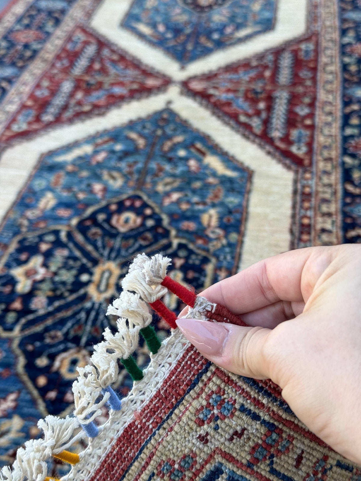 3x8 Handmade Afghan Wool Runner Rug | Blue Red & Ivory Geometric Hallway Rug | Hand-Knotted Traditional Runner