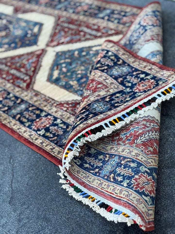 3x8 Handmade Afghan Wool Runner Rug | Blue Red & Ivory Geometric Hallway Rug | Hand-Knotted Traditional Runner