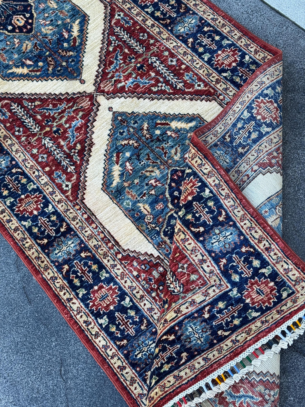 3x8 Handmade Afghan Wool Runner Rug | Blue Red & Ivory Geometric Hallway Rug | Hand-Knotted Traditional Runner