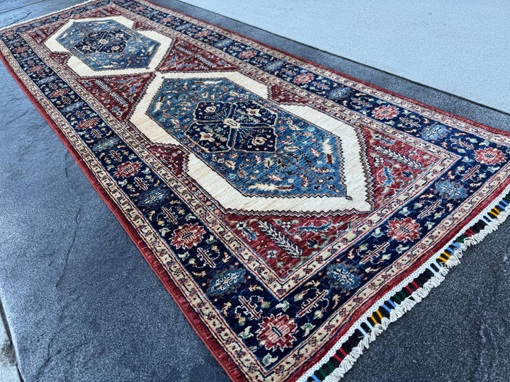 3x8 Handmade Afghan Wool Runner Rug | Blue Red & Ivory Geometric Hallway Rug | Hand-Knotted Traditional Runner