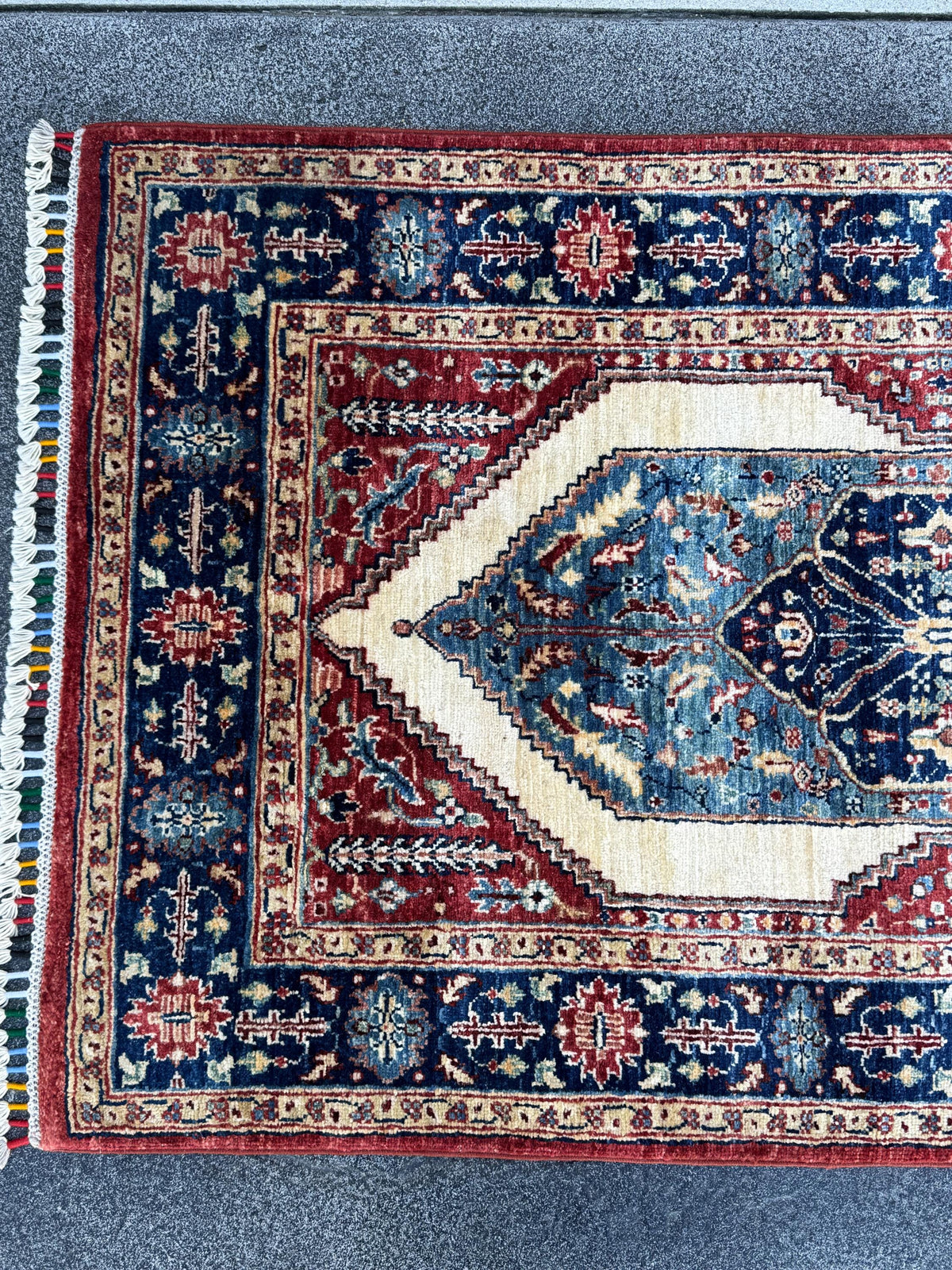 3x8 Handmade Afghan Wool Runner Rug | Blue Red & Ivory Geometric Hallway Rug | Hand-Knotted Traditional Runner
