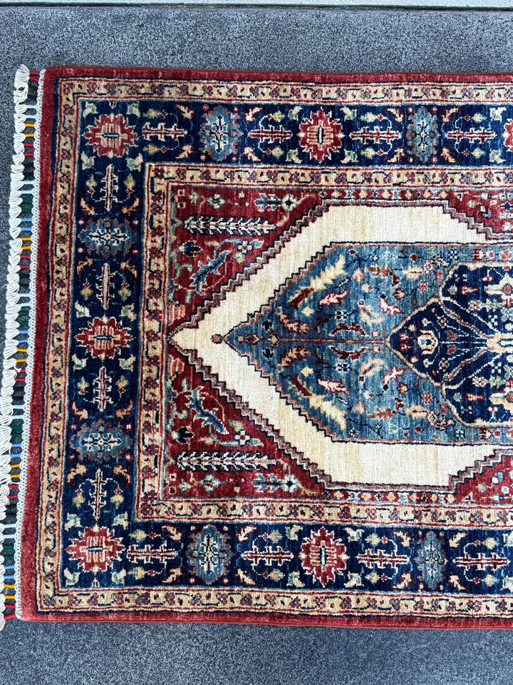 3x8 Handmade Afghan Wool Runner Rug | Blue Red & Ivory Geometric Hallway Rug | Hand-Knotted Traditional Runner