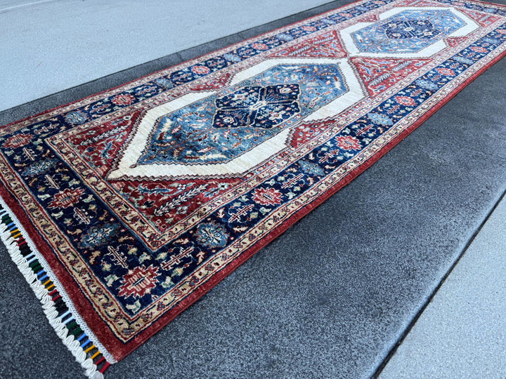 3x8 Handmade Afghan Wool Runner Rug | Blue Red & Ivory Geometric Hallway Rug | Hand-Knotted Traditional Runner