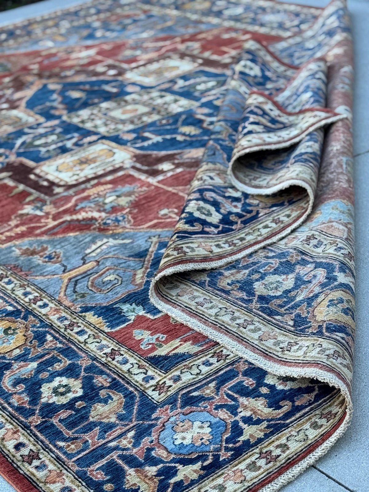 9x13 Handmade Afghan Wool Rug | Red Blue Geometric Medallion Rug | Hand-Knotted Traditional Area Rug