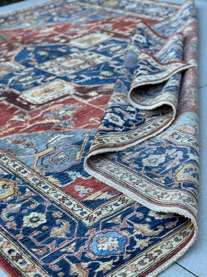 9x13 Handmade Afghan Wool Rug | Red Blue Geometric Medallion Rug | Hand-Knotted Traditional Area Rug