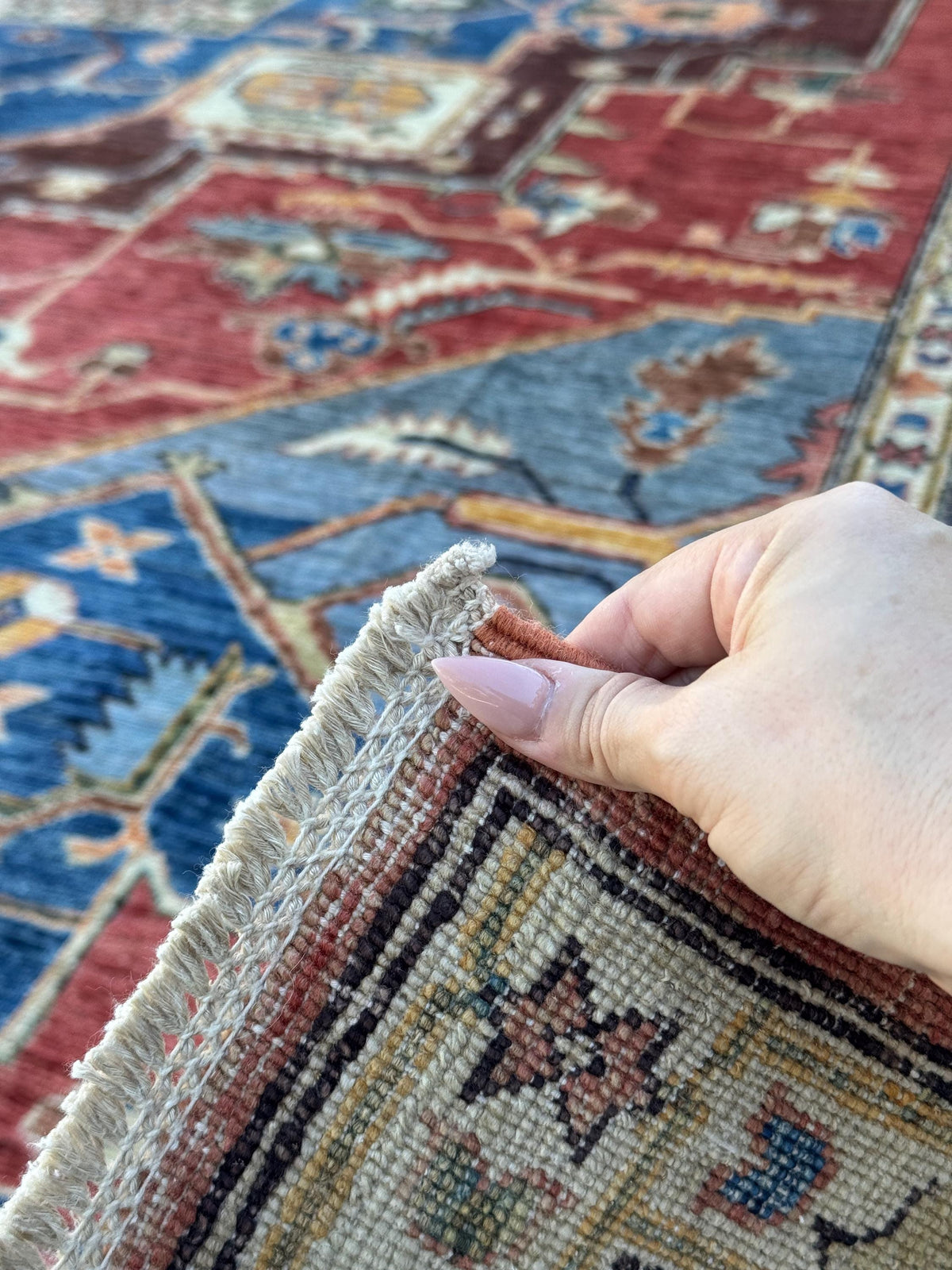 9x13 Handmade Afghan Wool Rug | Red Blue Geometric Medallion Rug | Hand-Knotted Traditional Area Rug