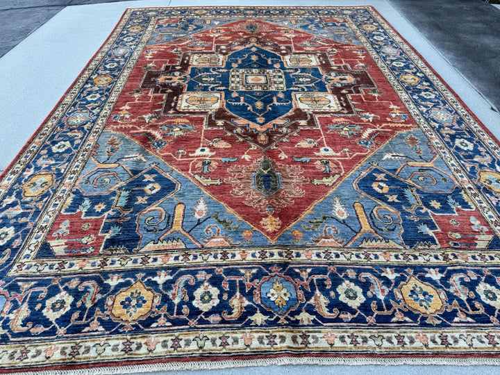 9x13 Handmade Afghan Wool Rug | Red Blue Geometric Medallion Rug | Hand-Knotted Traditional Area Rug