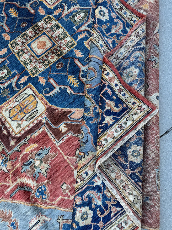 9x13 Handmade Afghan Wool Rug | Red Blue Geometric Medallion Rug | Hand-Knotted Traditional Area Rug
