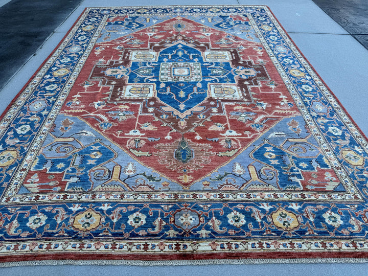 9x13 Handmade Afghan Wool Rug | Red Blue Geometric Medallion Rug | Hand-Knotted Traditional Area Rug