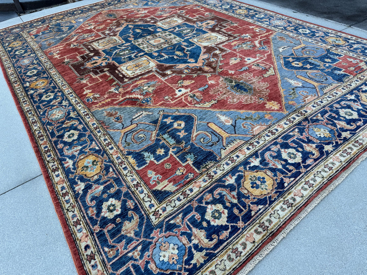 9x13 Handmade Afghan Wool Rug | Red Blue Geometric Medallion Rug | Hand-Knotted Traditional Area Rug