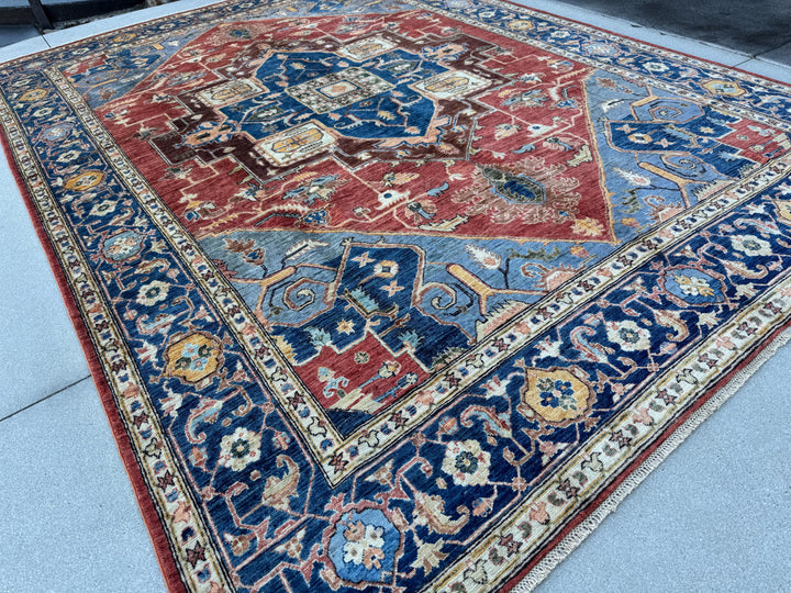 9x13 Handmade Afghan Wool Rug | Red Blue Geometric Medallion Rug | Hand-Knotted Traditional Area Rug